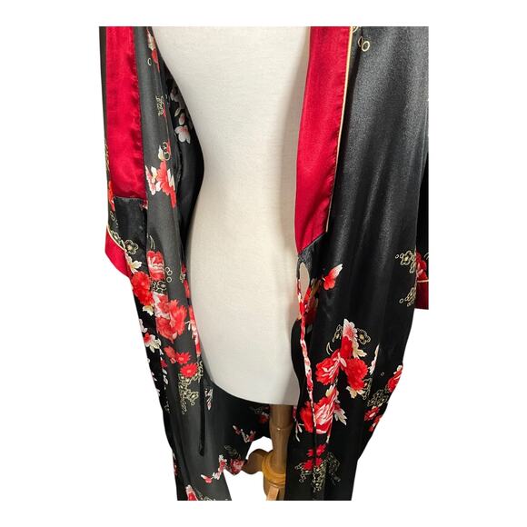Jones New York Floral Satin Kimono Robe Black Red L/XL Belted Long Sleeve Silky - Picture 4 of 16